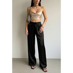 Vintage Designer Wide Leg Satin Slinky Trousers Black Italian 44 Acetate Viscose
